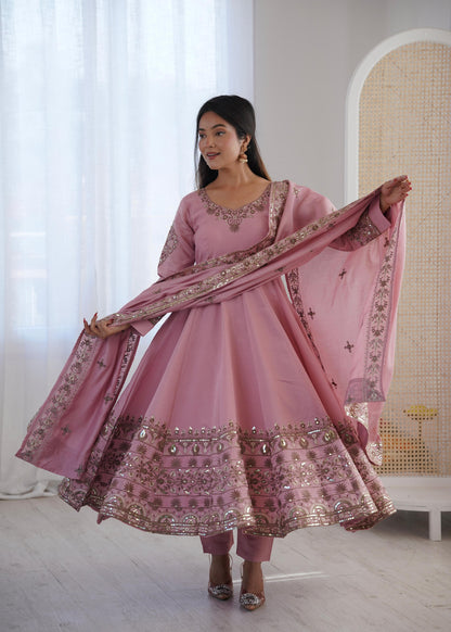 Onion Pink Colour Roman Silk Embroidery Sequence Designer Party Wear Anarkali Gown Pant with Dupatta