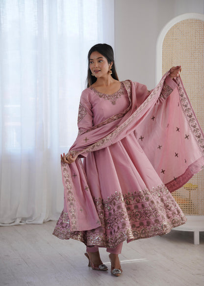 Onion Pink Colour Roman Silk Embroidery Sequence Designer Party Wear Anarkali Gown Pant with Dupatta