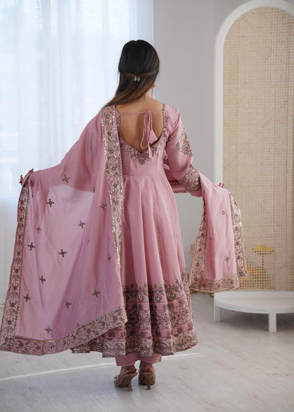 Onion Pink Colour Roman Silk Embroidery Sequence Designer Party Wear Anarkali Gown Pant with Dupatta