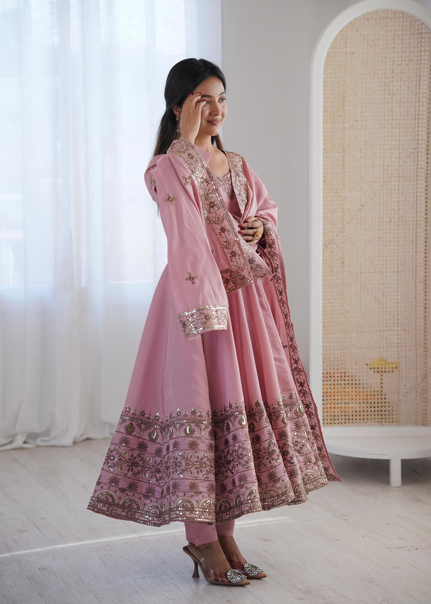 Onion Pink Colour Roman Silk Embroidery Sequence Designer Party Wear Anarkali Gown Pant with Dupatta