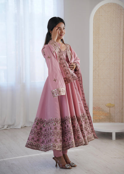 Onion Pink Colour Roman Silk Embroidery Sequence Designer Party Wear Anarkali Gown Pant with Dupatta