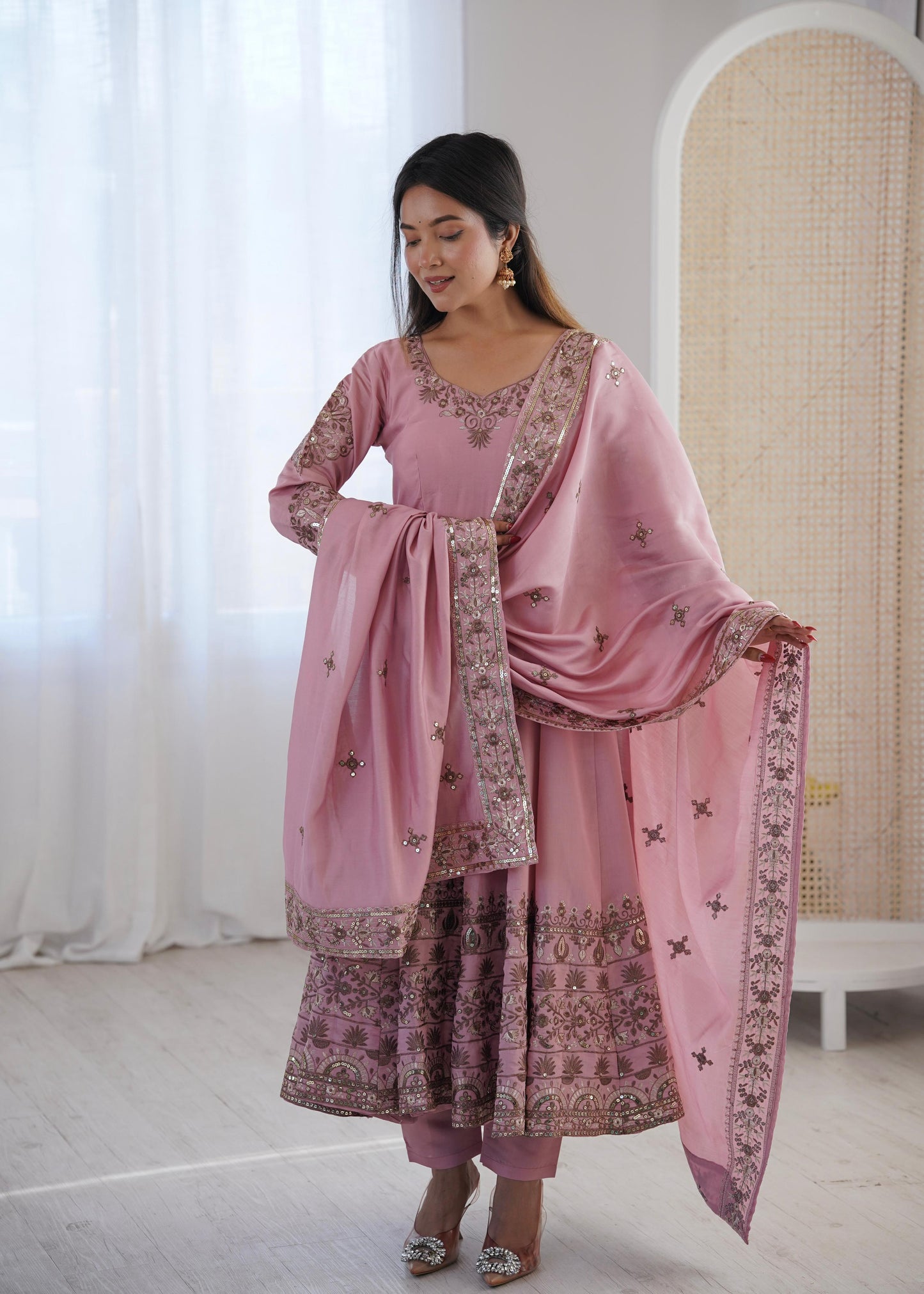 Onion Pink Colour Roman Silk Embroidery Sequence Designer Party Wear Anarkali Gown Pant with Dupatta