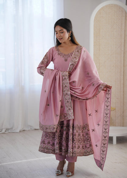 Onion Pink Colour Roman Silk Embroidery Sequence Designer Party Wear Anarkali Gown Pant with Dupatta