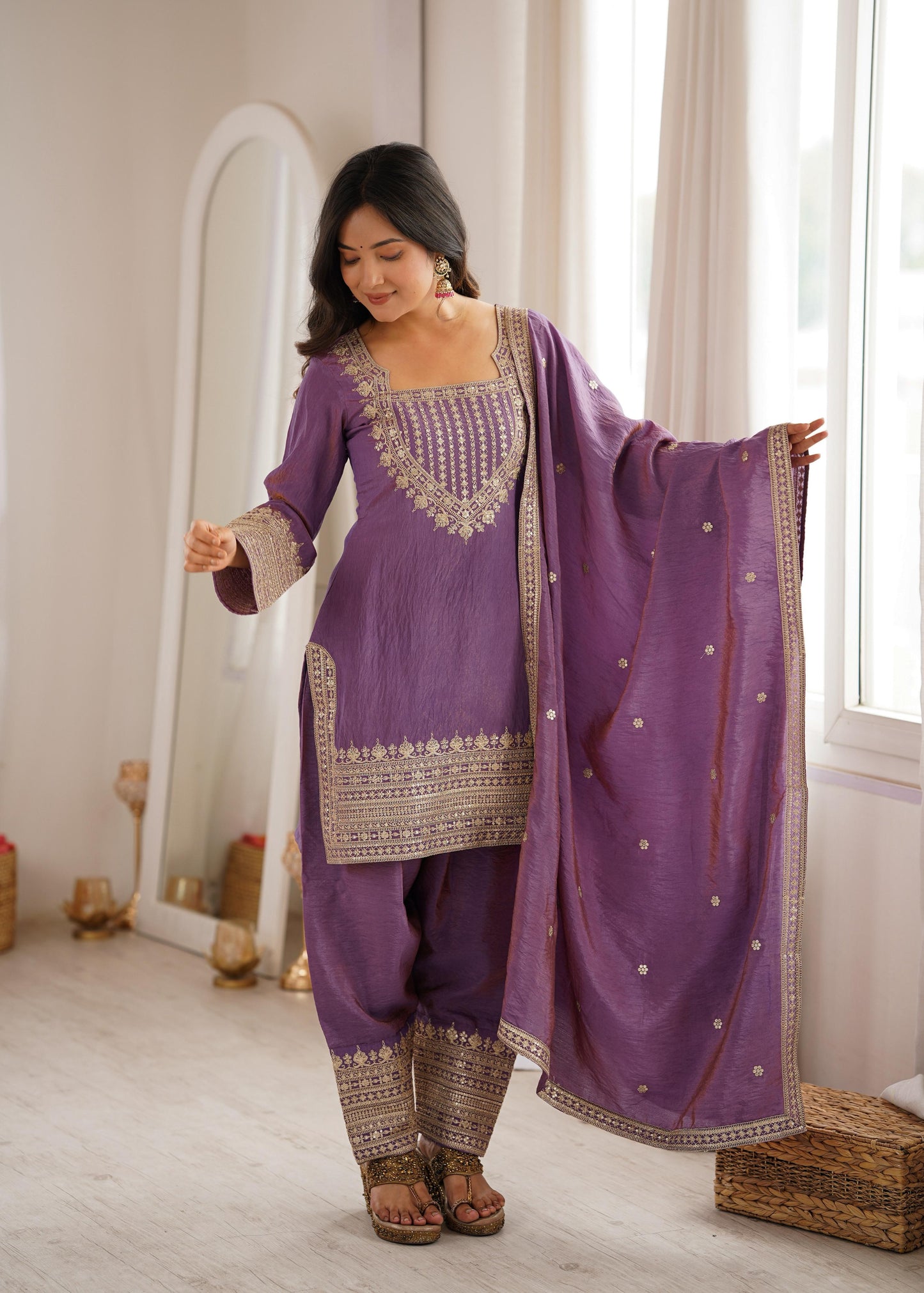 Onion Pink Designer Embroidery Farsi Salwar Suit with Dupatta