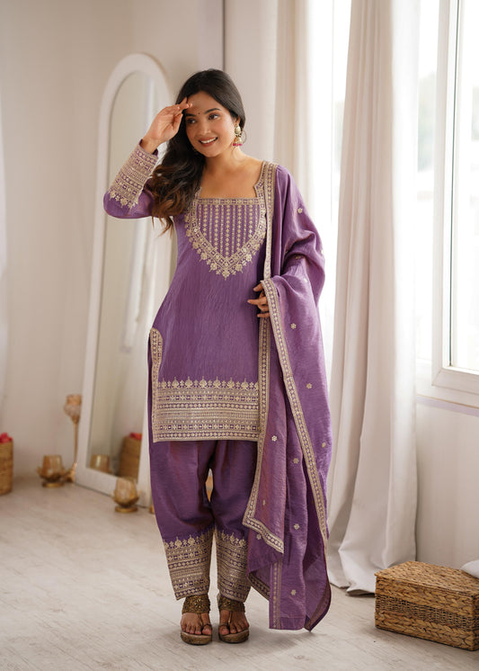 Onion Pink Designer Embroidery Farsi Salwar Suit with Dupatta