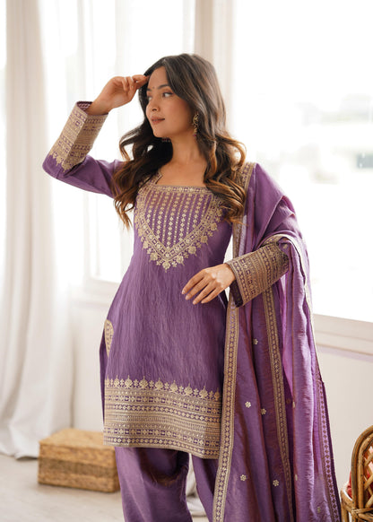 Onion Pink Designer Embroidery Farsi Salwar Suit with Dupatta