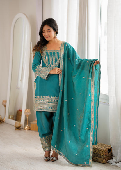 Sea Green Designer Embroidery Farsi Salwar Suit with Dupatta