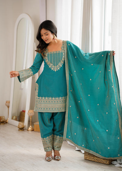 Sea Green Designer Embroidery Farsi Salwar Suit with Dupatta