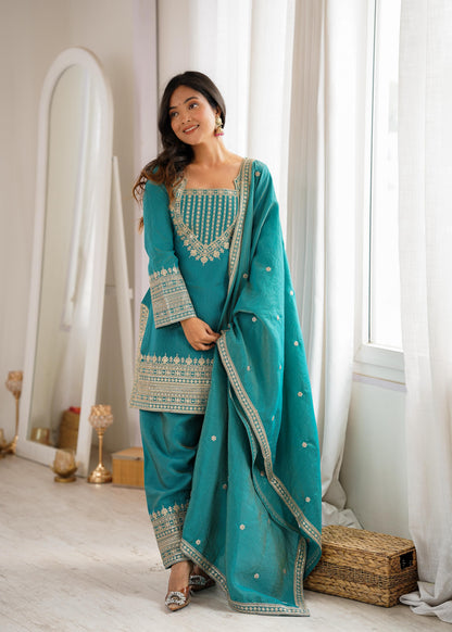 Sea Green Designer Embroidery Farsi Salwar Suit with Dupatta