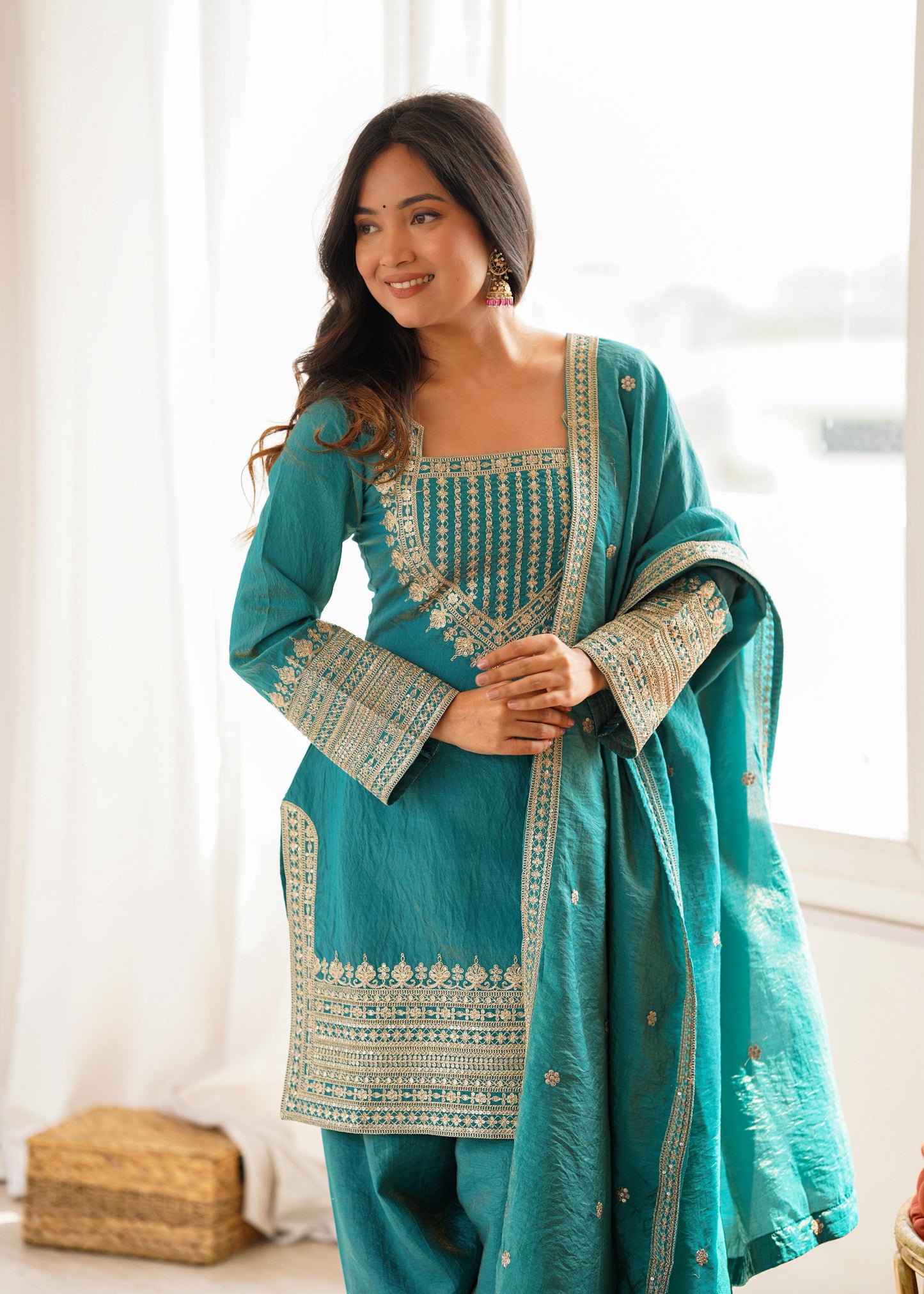 Sea Green Designer Embroidery Farsi Salwar Suit with Dupatta