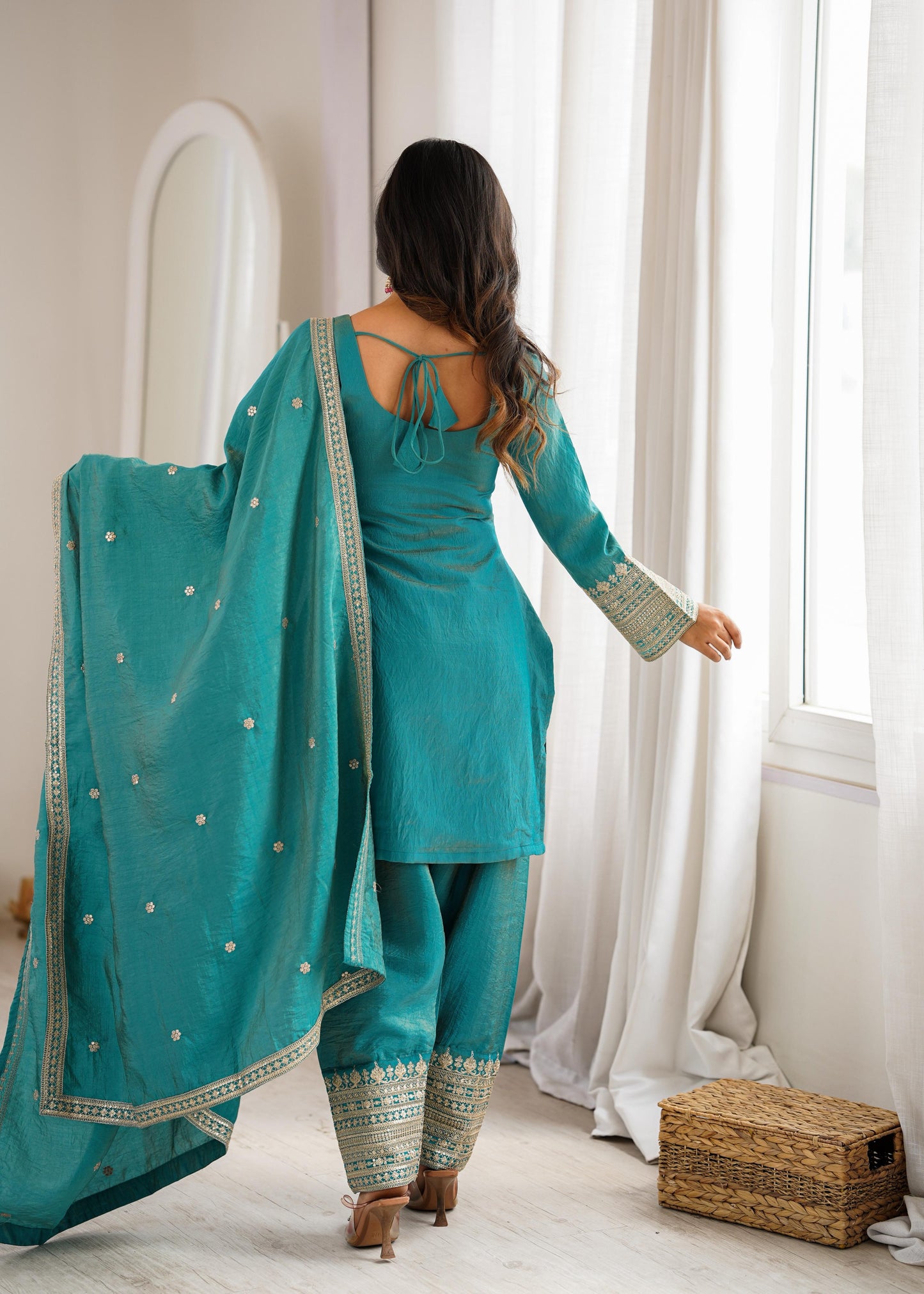 Sea Green Designer Embroidery Farsi Salwar Suit with Dupatta