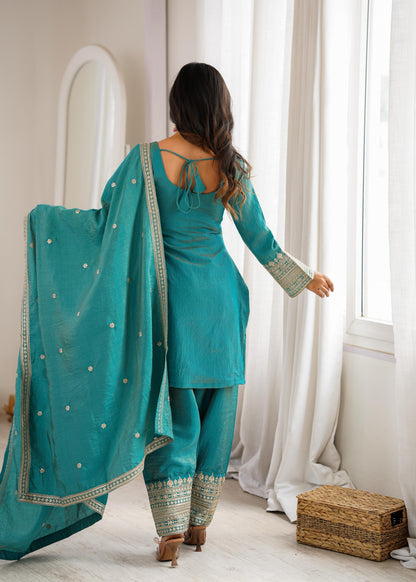 Sea Green Designer Embroidery Farsi Salwar Suit with Dupatta