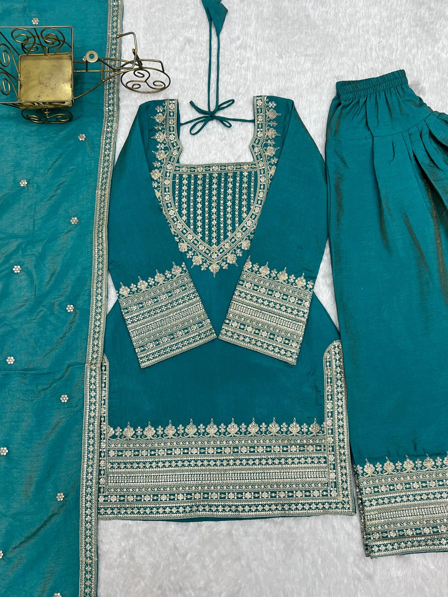 Sea Green Designer Embroidery Farsi Salwar Suit with Dupatta
