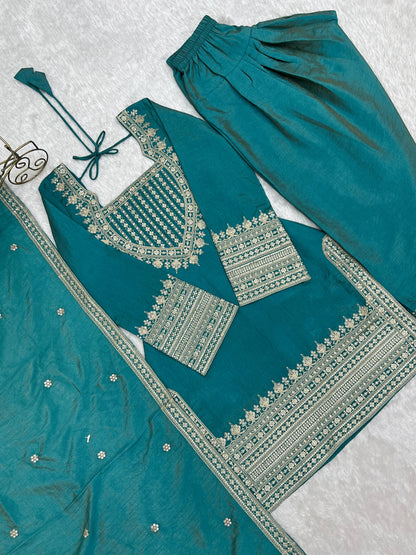 Sea Green Designer Embroidery Farsi Salwar Suit with Dupatta