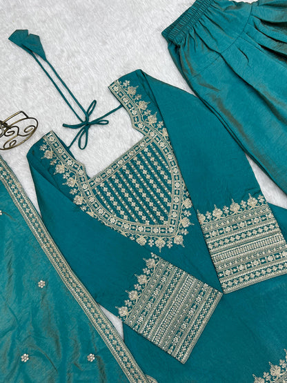 Sea Green Designer Embroidery Farsi Salwar Suit with Dupatta