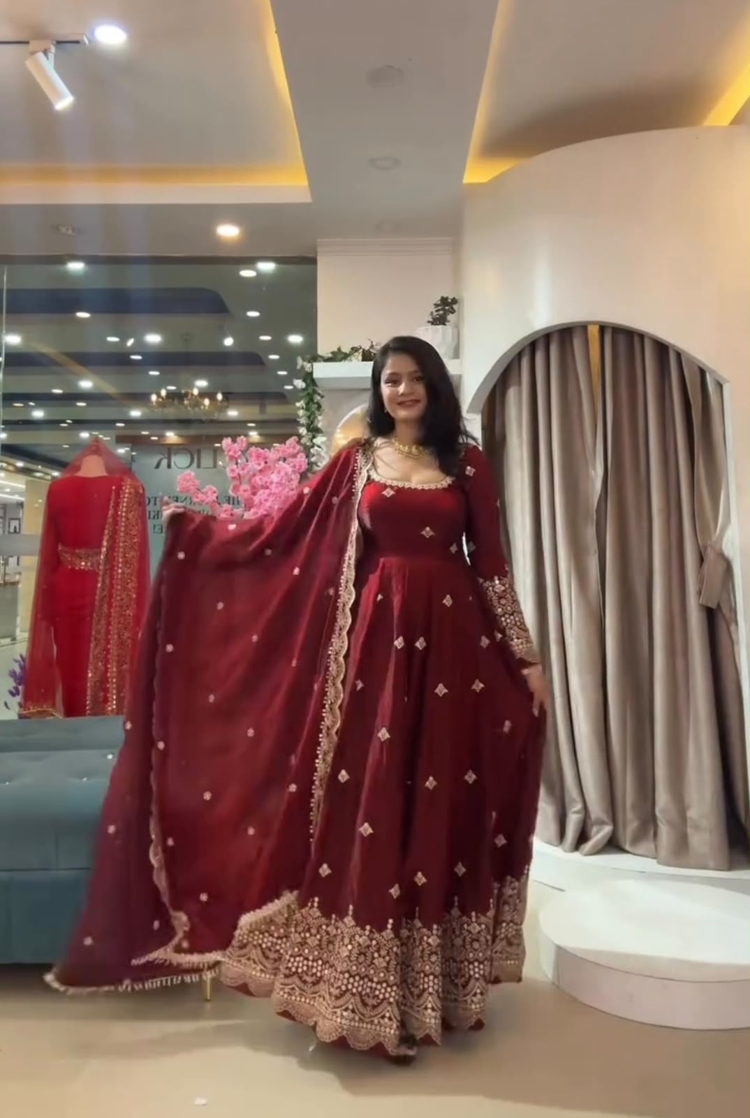 Maroon Color Heavy Two Tone Fandy Silk Embroidery Sequins Work Anarkali Gown Pant with Dupatta ( 3/4 SLEEVE )