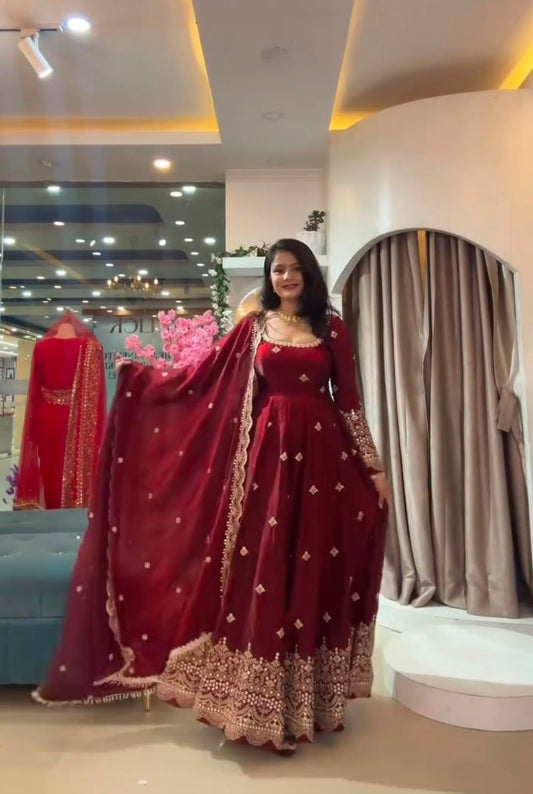 Maroon Color Heavy Two Tone Fandy Silk Embroidery Sequins Work Anarkali Gown Pant with Dupatta ( 3/4 SLEEVE )