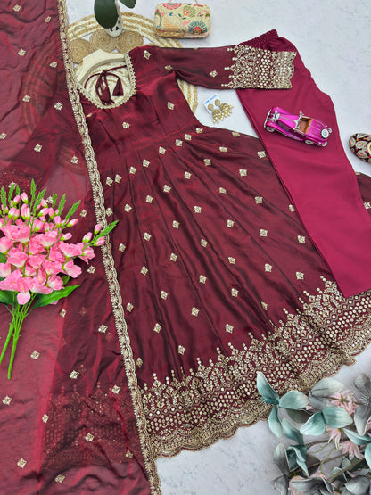 Maroon Color Heavy Two Tone Fandy Silk Embroidery Sequins Work Anarkali Gown Pant with Dupatta ( 3/4 SLEEVE )