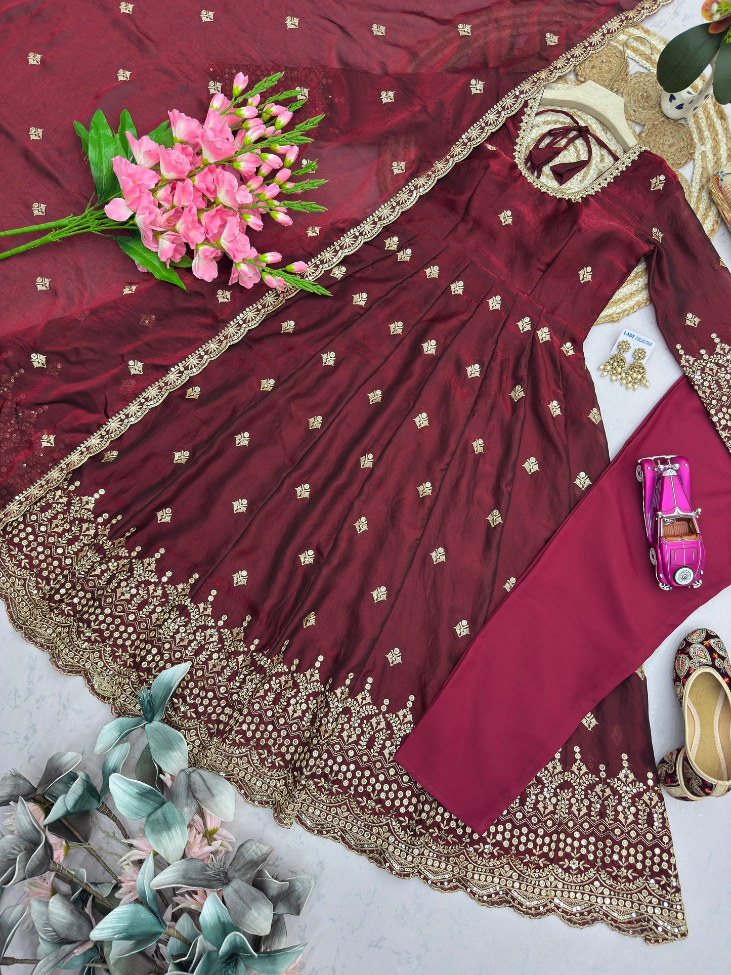 Maroon Color Heavy Two Tone Fandy Silk Embroidery Sequins Work Anarkali Gown Pant with Dupatta ( 3/4 SLEEVE )