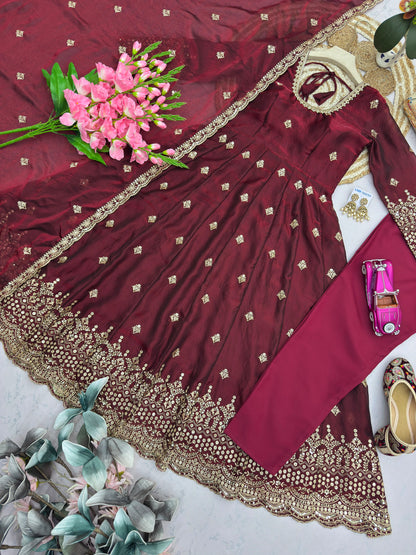 Maroon Color Heavy Two Tone Fandy Silk Embroidery Sequins Work Anarkali Gown Pant with Dupatta ( 3/4 SLEEVE )
