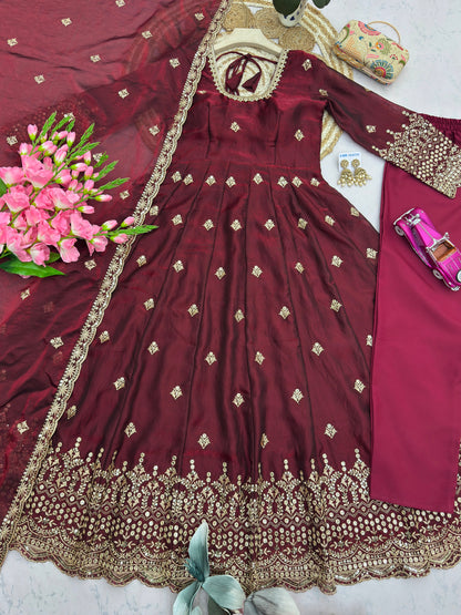 Maroon Color Heavy Two Tone Fandy Silk Embroidery Sequins Work Anarkali Gown Pant with Dupatta ( 3/4 SLEEVE )