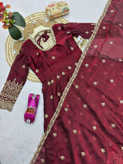 Maroon Color Heavy Two Tone Fandy Silk Embroidery Sequins Work Anarkali Gown Pant with Dupatta ( 3/4 SLEEVE )