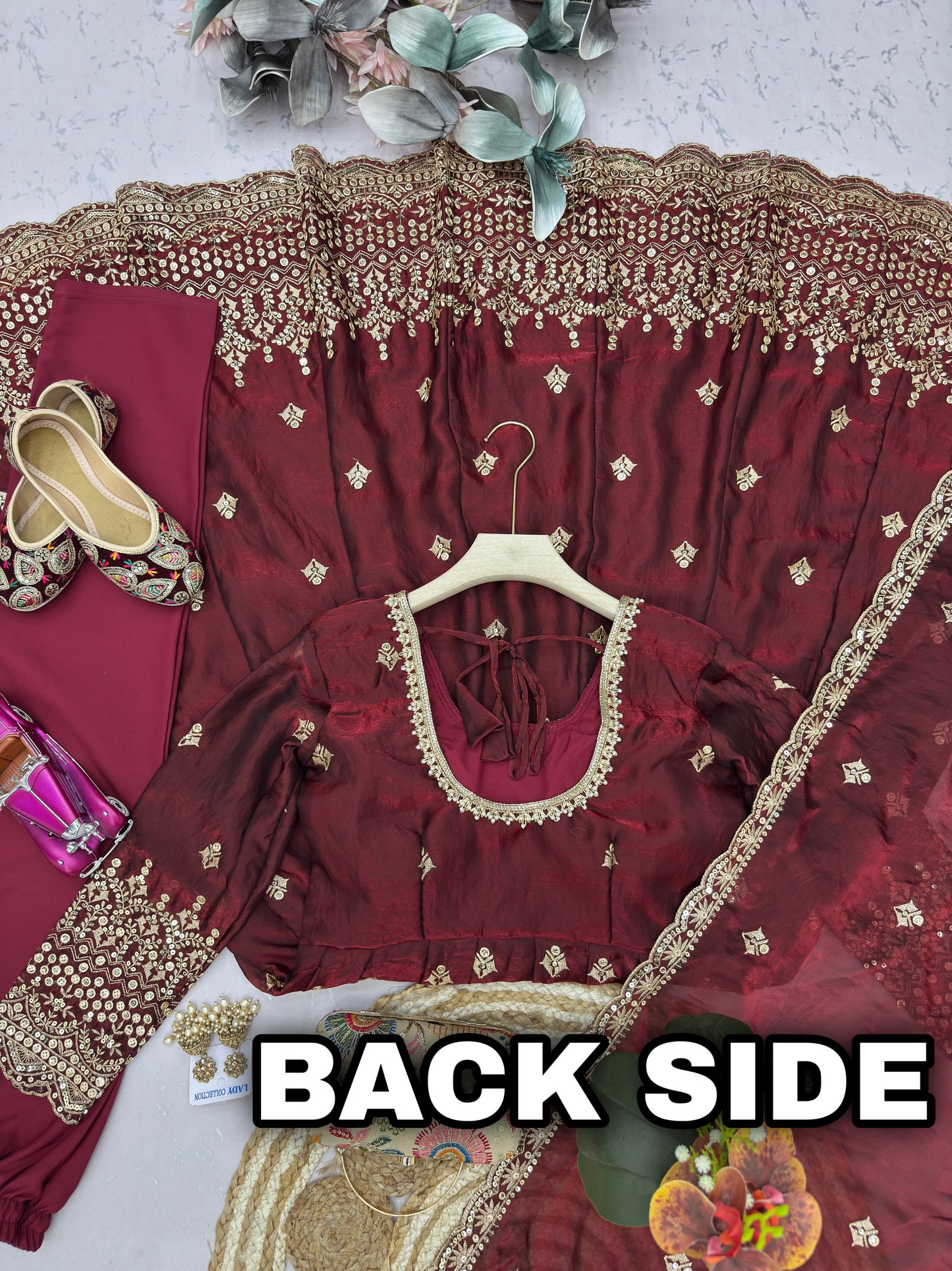 Maroon Color Heavy Two Tone Fandy Silk Embroidery Sequins Work Anarkali Gown Pant with Dupatta ( 3/4 SLEEVE )