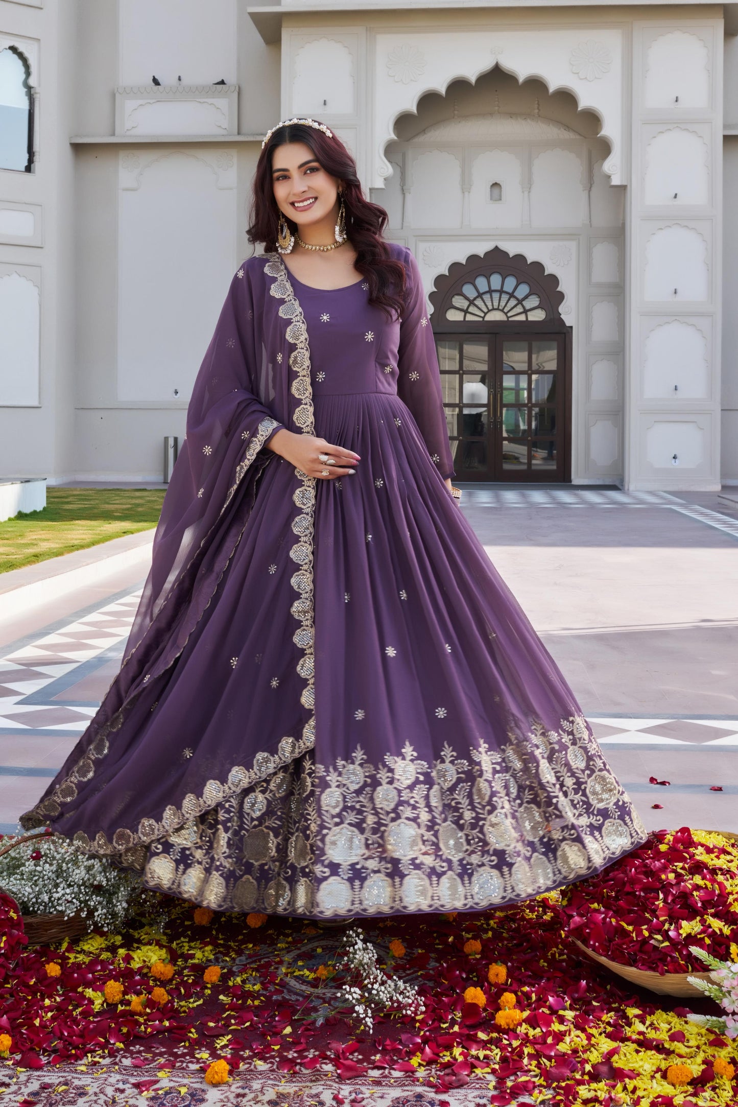 Onion Pink colour Fox Georgette Sequence Embroidery Work Anarkali Gown Dupatta