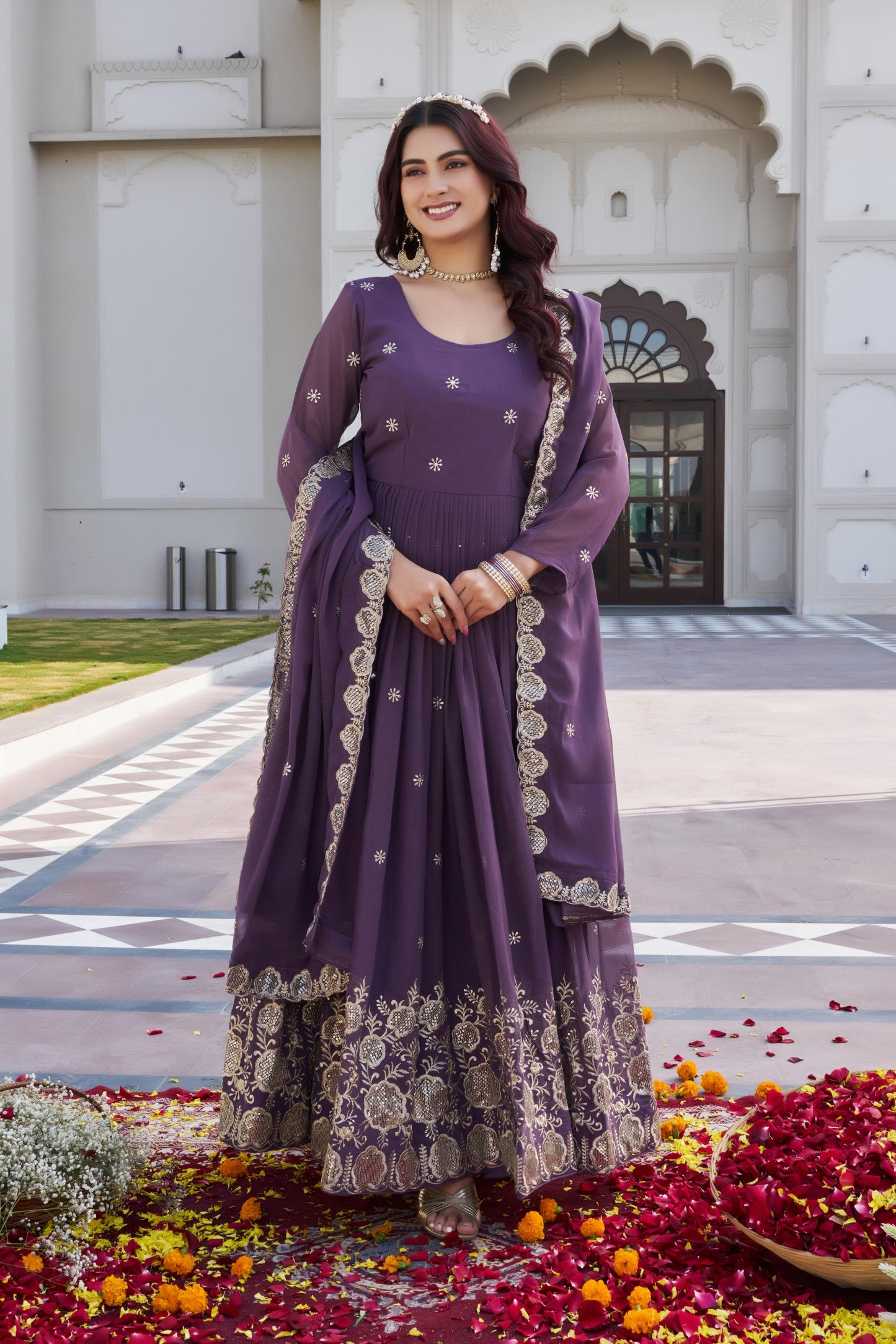 Onion Pink colour Fox Georgette Sequence Embroidery Work Anarkali Gown Dupatta