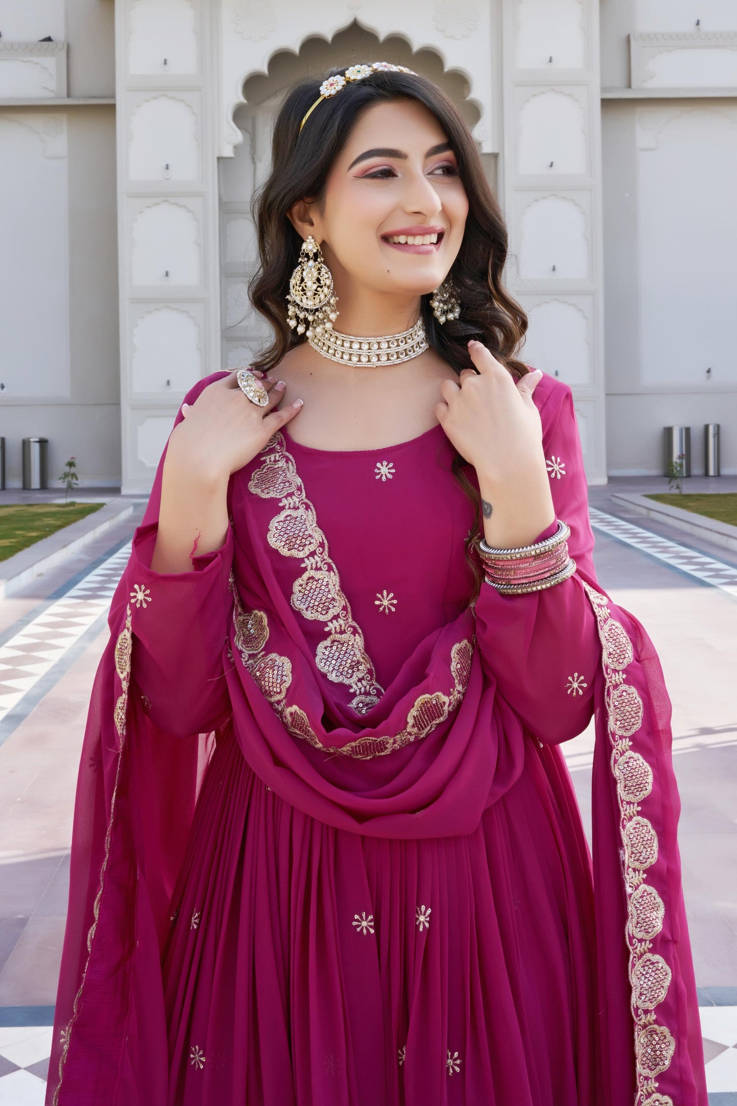 Rani Pink colour Fox Georgette Sequence Embroidery Work Anarkali Gown Dupatta