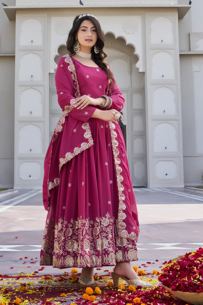 Rani Pink colour Fox Georgette Sequence Embroidery Work Anarkali Gown Dupatta