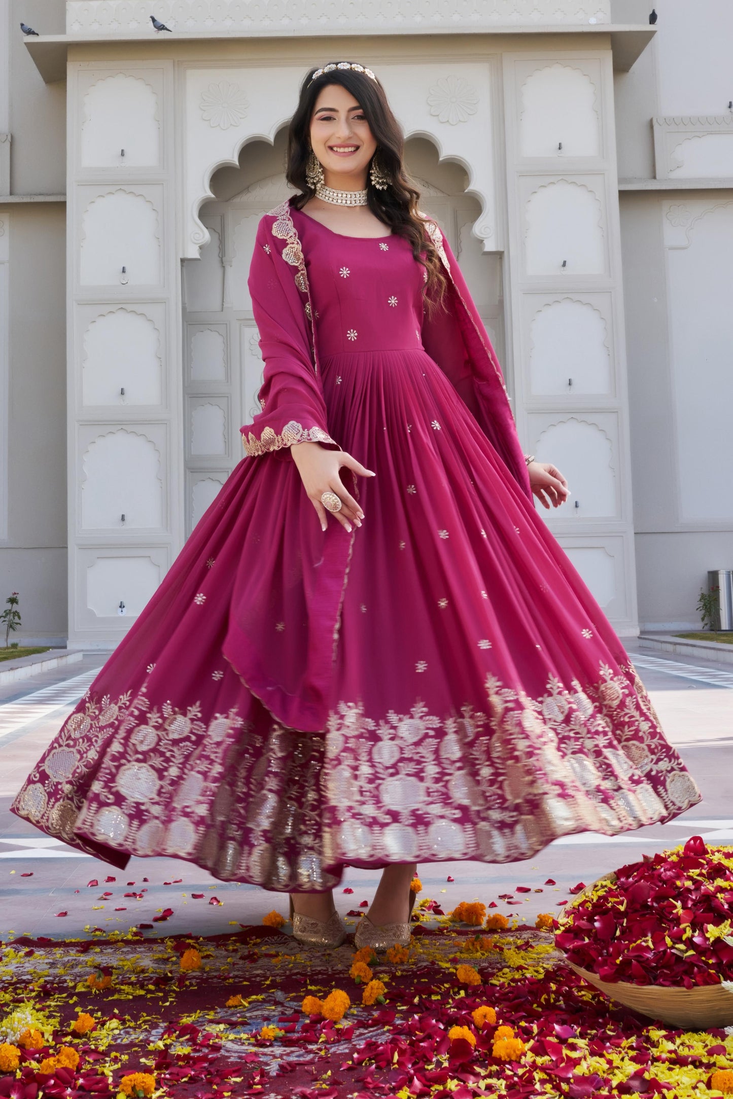 Rani Pink colour Fox Georgette Sequence Embroidery Work Anarkali Gown Dupatta