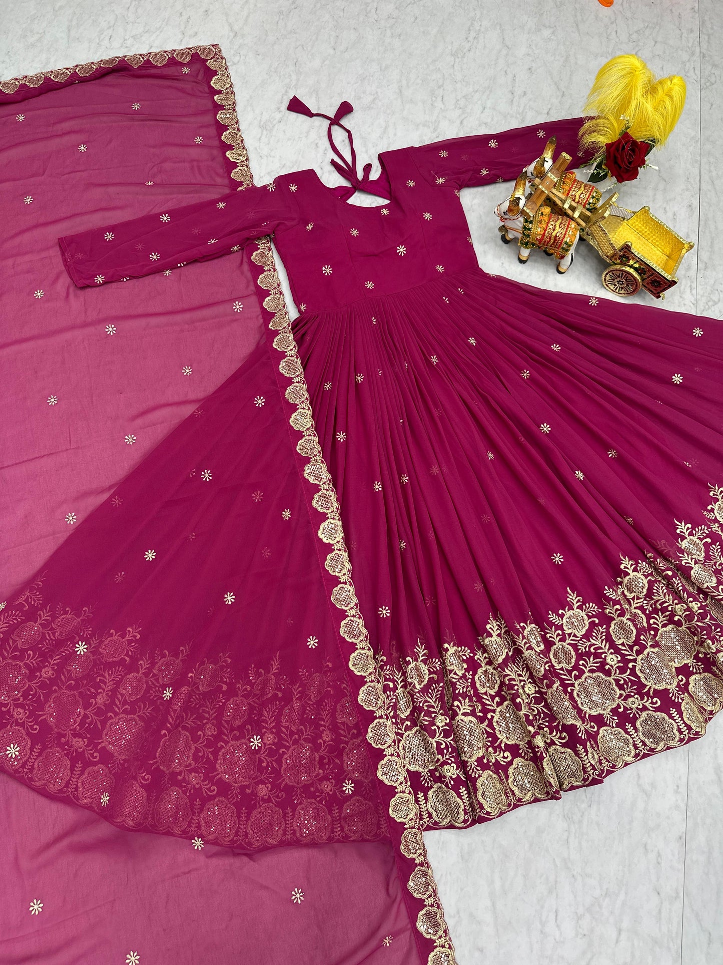 Rani Pink colour Fox Georgette Sequence Embroidery Work Anarkali Gown Dupatta