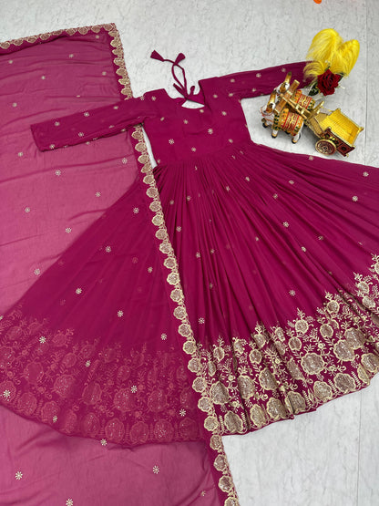Rani Pink colour Fox Georgette Sequence Embroidery Work Anarkali Gown Dupatta