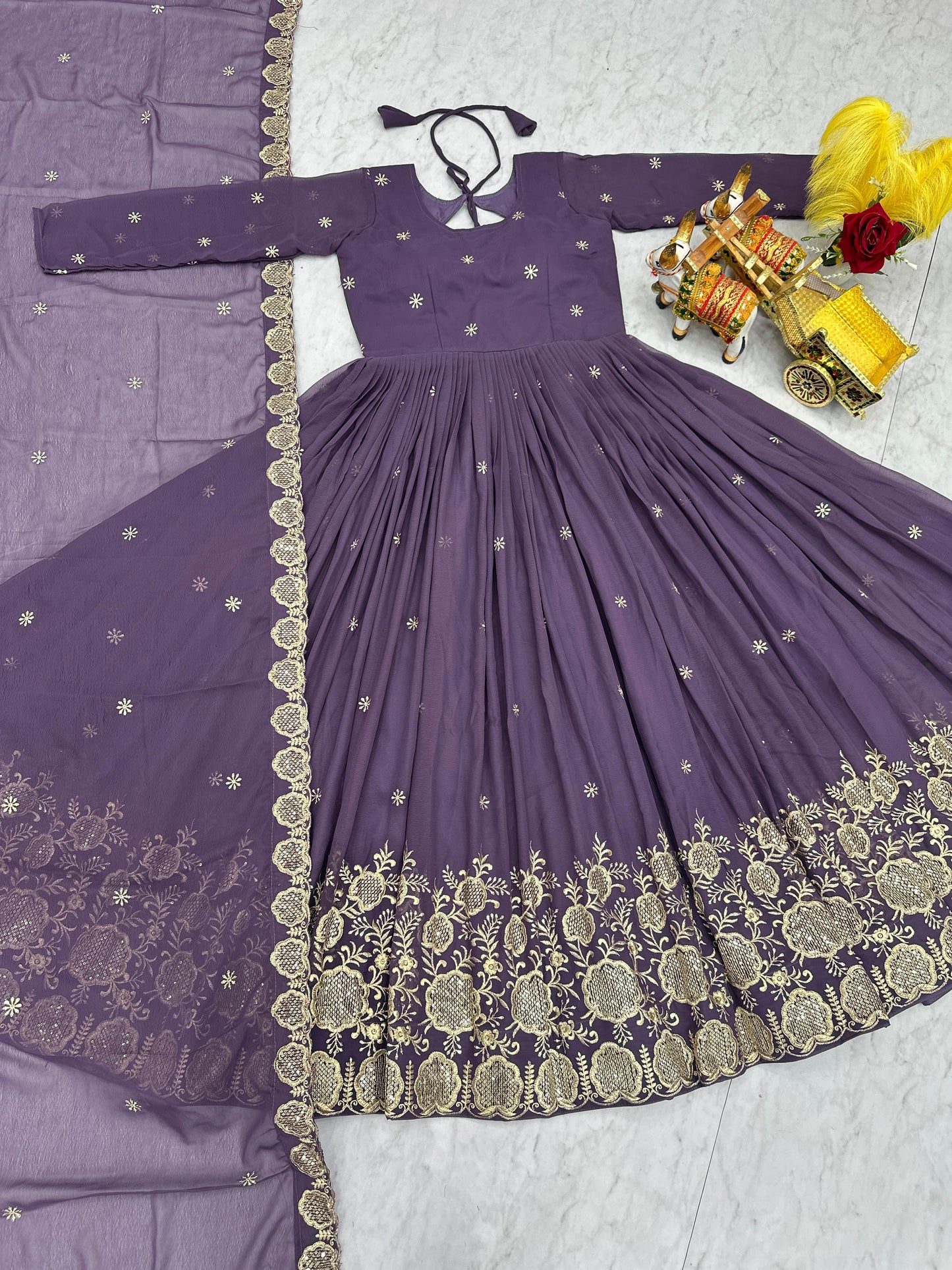 Onion Pink colour Fox Georgette Sequence Embroidery Work Anarkali Gown Dupatta