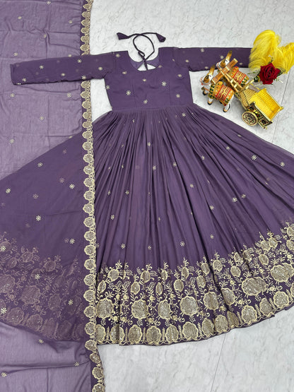 Onion Pink colour Fox Georgette Sequence Embroidery Work Anarkali Gown Dupatta