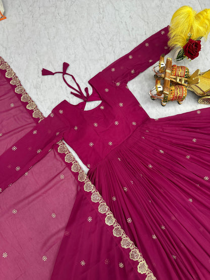 Rani Pink colour Fox Georgette Sequence Embroidery Work Anarkali Gown Dupatta