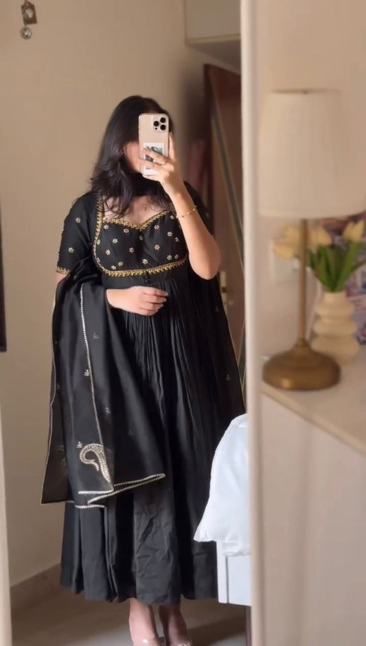 Black Colour Vichitra Silk Thread with Sequence Designer Anarkali Gown Pant with Dupatta