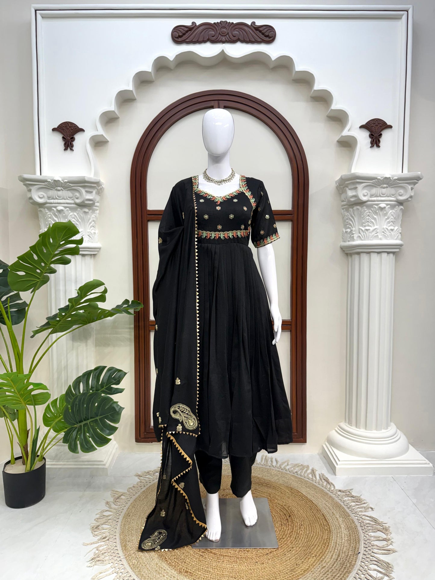 Black Colour Vichitra Silk Thread with Sequence Designer Anarkali Gown Pant with Dupatta