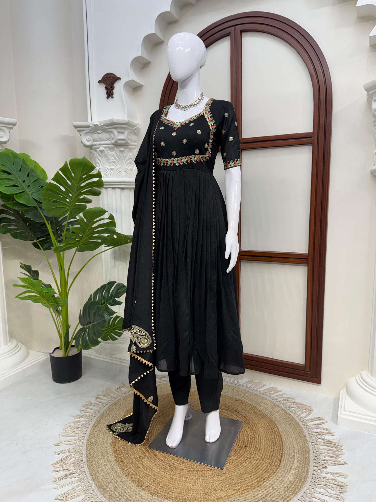 Black Colour Vichitra Silk Thread with Sequence Designer Anarkali Gown Pant with Dupatta