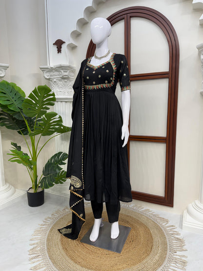Black Colour Vichitra Silk Thread with Sequence Designer Anarkali Gown Pant with Dupatta