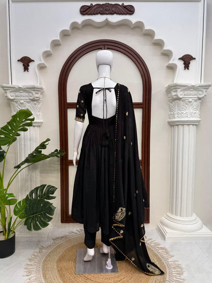 Black Colour Vichitra Silk Thread with Sequence Designer Anarkali Gown Pant with Dupatta