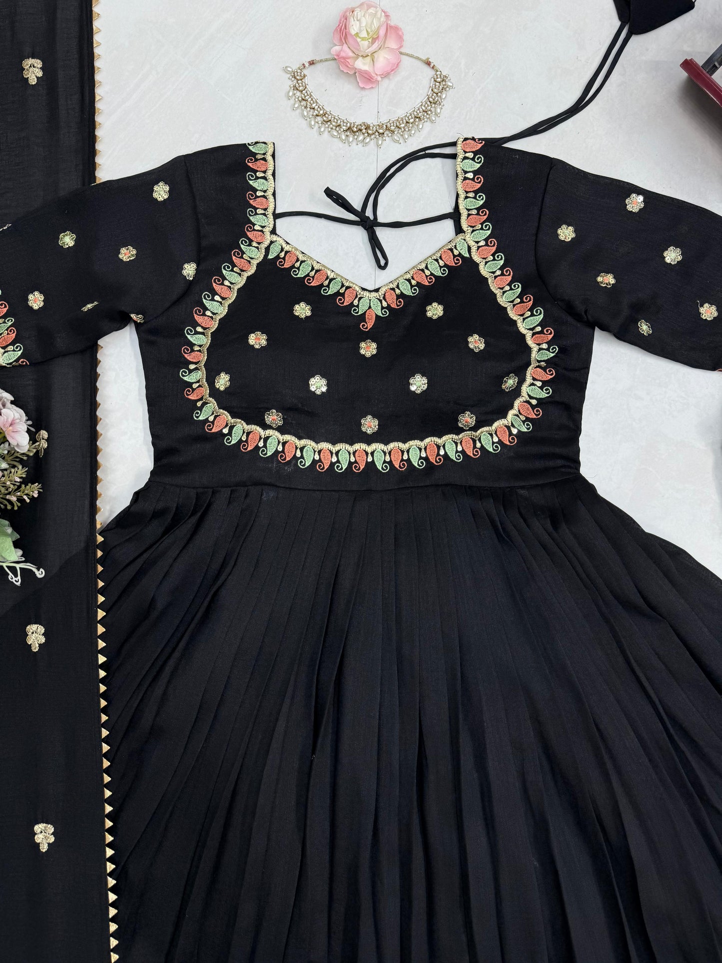 Black Colour Vichitra Silk Thread with Sequence Designer Anarkali Gown Pant with Dupatta
