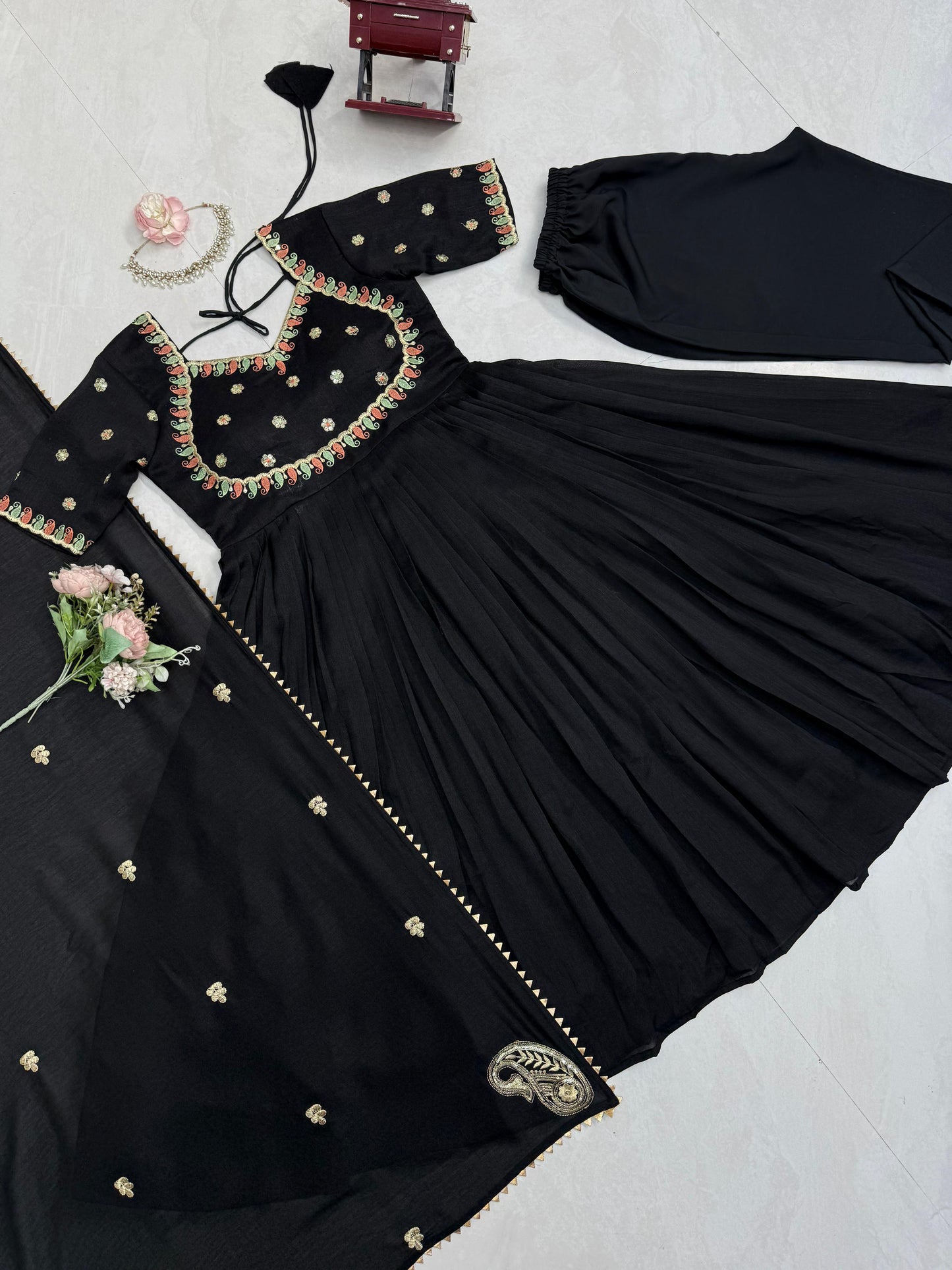Black Colour Vichitra Silk Thread with Sequence Designer Anarkali Gown Pant with Dupatta