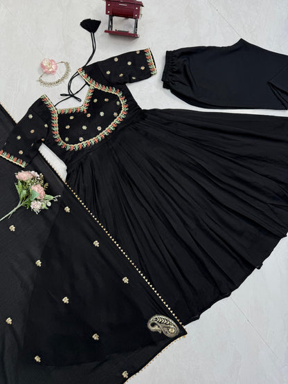 Black Colour Vichitra Silk Thread with Sequence Designer Anarkali Gown Pant with Dupatta