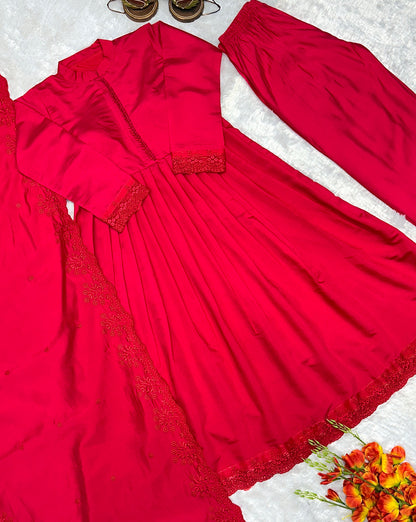 Rani Pink Colour Roman Silk Embroidery Work Anarkali Gown Pant with Dupatta