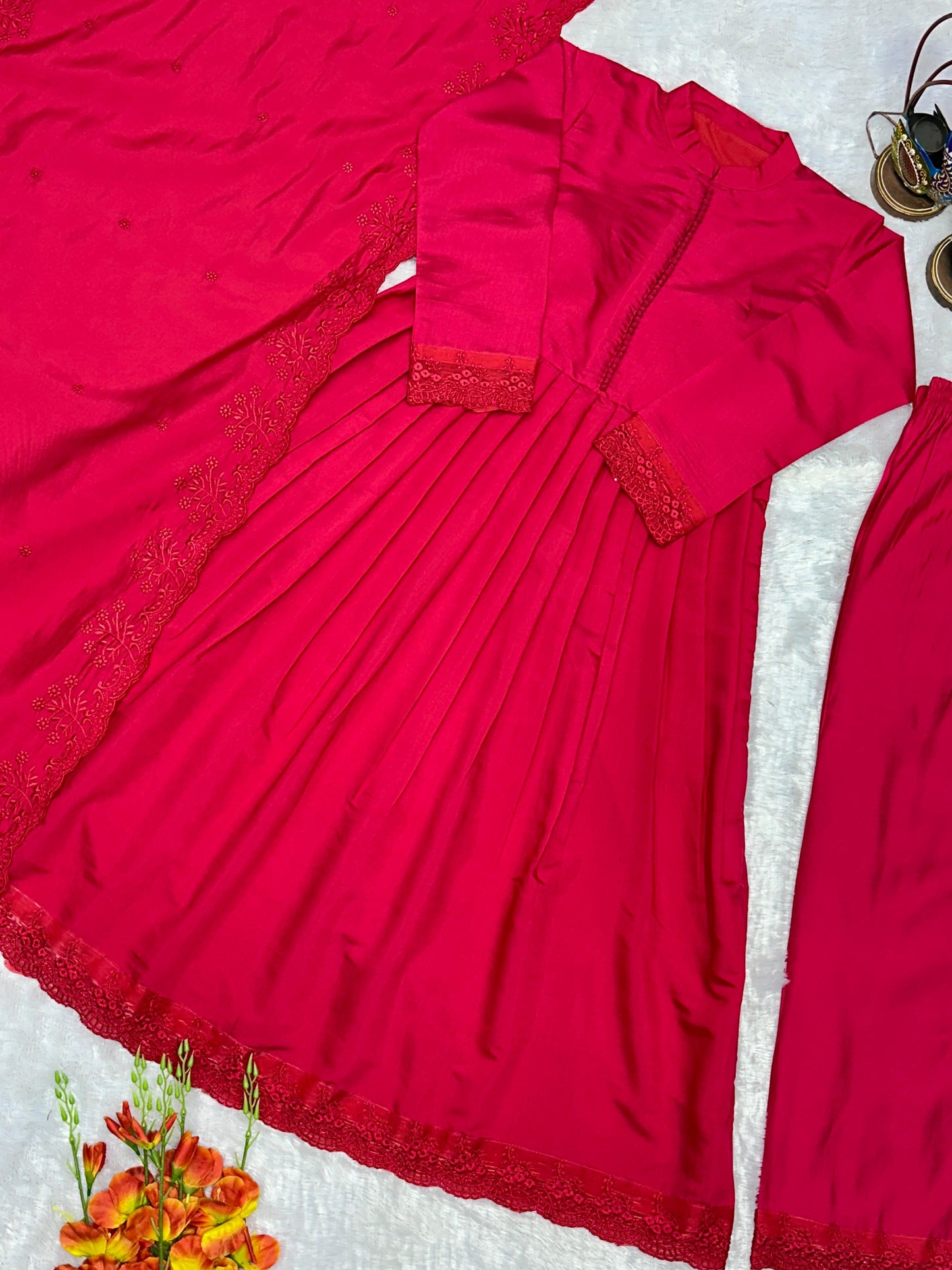Rani Pink Colour Roman Silk Embroidery Work Anarkali Gown Pant with Dupatta