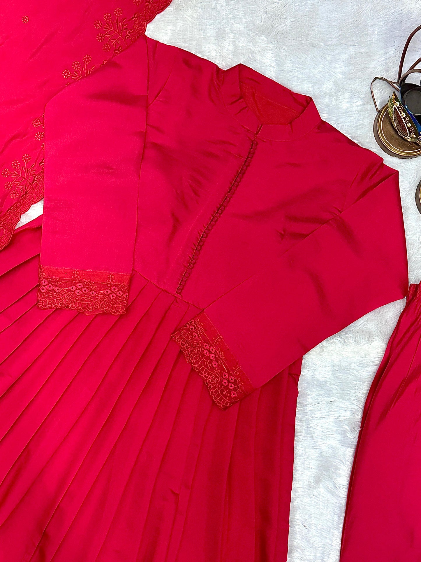 Rani Pink Colour Roman Silk Embroidery Work Anarkali Gown Pant with Dupatta