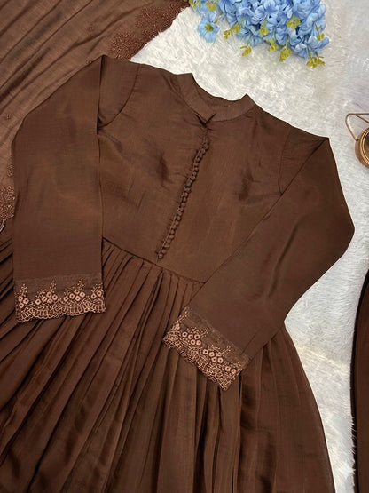 Brown Colour Roman Silk Embroidery Work Anarkali Gown Pant with Dupatta