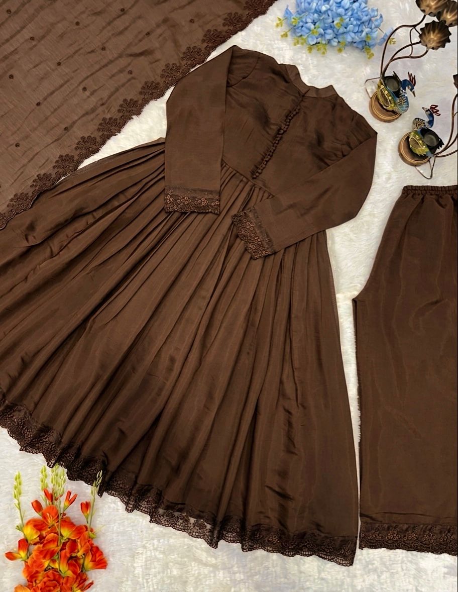 Brown Colour Roman Silk Embroidery Work Anarkali Gown Pant with Dupatta